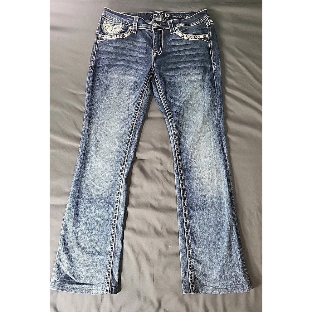 Grace in LA Jeans Womens 28 Blue Boot Cut Embroidered Pockets Heavy Thread